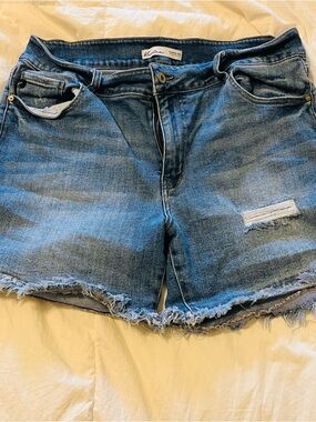 KanCan Mid-Blue Distressed Denim Shorts with Frayed Hem